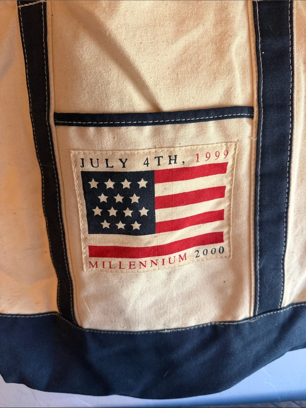 Vintage Canvas Patriotic Tote Bag with Flag Patch - Picture 2 of 4